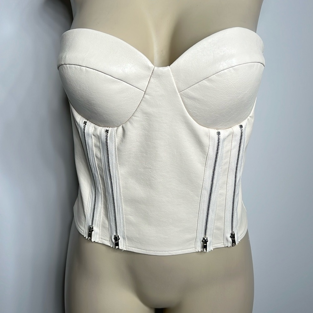 Akira Ivory faux leather top with zipper detail